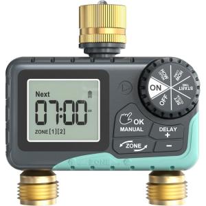 imageRAINPOINT 2 Zone Sprinkler Timer with Brass Inlet and Outlet  Water Timer for Garden Hose with Rain DelayManual WateringAutomatic Irrigation Controller System  Water Hose Timer for Yard LawnBrass