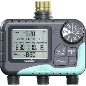 imageRAINPOINT 3 Zone Sprinkler Timer with Brass Inlet Water Timer for Garden HoseRain DelayManualAutomatic Watering System HoseHose Timers for Watering with IP65 Waterproof Large LCD for Yard3 Zone water timer