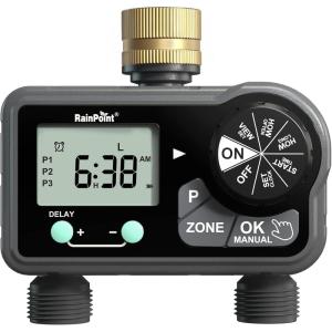 imageRAINPOINT Brass Sprinkler Timer 2 Stations Large Digital Water Timer for Garden Hose with 6 Programmable Procedure Hose Timer with DelayManualAuto Irrigation Mode for WeekSpecificDaily Watering