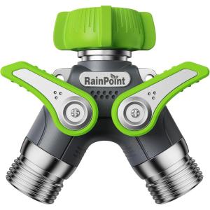 imageRAINPOINT Garden Hose Splitter 2 Way Heavy Duty Water Hose Y Spigot Splitter with Shutoff Valves 100 Metal Body Outdoor Faucet Splitter 19quot Extra Long Metal Handle 34quot GHT ThreadGreenGreen