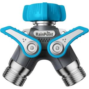 imageRAINPOINT Garden Hose Splitter 2 Way Heavy Duty Water Hose Y Spigot Splitter with Shutoff Valves 100 Metal Body Outdoor Faucet Splitter 19quot Extra Long Metal Handle 34quot GHT ThreadGreenBlue