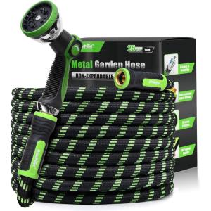 imageRAINPOINT Metal Garden Hoses for Yard 100 ft  Nokink 304 Water Hose 100ft with 10 mode Nozzle  Brass Connection Swivel Handle Flexible HoseLightweight Puncture25ft