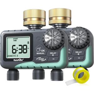 imageRAINPOINT Water Timer for Garden Hose  Sprinkler Timer with Brass Swivel  Rain DelayManual WateringAutomatic Irrigation Programmable Faucet Timer for Yard 2 Outlet2