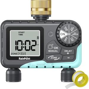 imageRAINPOINT Sprinkler Timer 2 Outlet Water Timer for Garden Hose Programmable Drip Irrigation Timer for Yard Outdoor Watering Rain DelayManualAutomatic System Controller 25quot LCD V2Metal