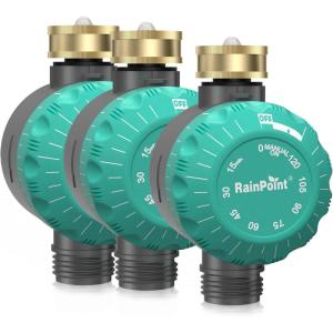 imageRAINPOINT 3Pack Mechanical Sprinkler Timer with Brass Swivel Water Timer for Garden Hose Waterproof Hose Timer for Watering 1 Outlet No Batteries Required Green