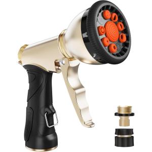 imageRAINPOINT Garden Hose Nozzle Hose Sprayer Nozzle with 9 Spray Patterns High Pressure Water Hose Nozzle Heavy Duty Metal Hand Sprayer Watering Plants and LawnOrangeOrange