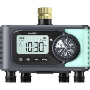 imageRAINPOINT Sprinkler Timer 4 Outlets Hose Timer with Brass Inlet with Rain DelayManualAutomatic Controller System Programmable Digital for Lawn Yard 4 ZoneSky Blue
