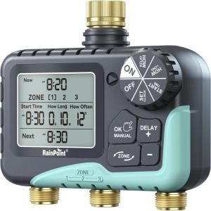 imageRAINPOINT 3 Zone Water Timer with Brass Inlet and Outlet 3 Custom Watering Plans Sprinkler Timer Featuring IP65 WaterproofRain Delay Manual ampamp Automatic Watering with Large LCD Display for YardMetal