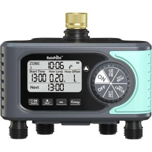 image:imageRAINPOINT Sprinkler Timer 4 Outlets Hose Timer with Brass Inlet with Rain DelayManualAutomatic Controller System Programmable Digital for Lawn Yard 4 ZoneBlue