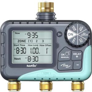 image:imageRAINPOINT 3 Zone Water Timer with Brass Inlet amp Outlet 3 Custom Watering Plans Sprinkler Timer Featuring IP65 WaterproofRain Delay Manual amp Automatic Watering with Large LCD for Yard 2026 VerMetal
