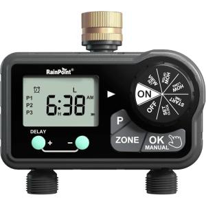image:imageRAINPOINT Brass Sprinkler Timer 2 Stations Large Digital Water Timer for Garden Hose with 6 Programmable Procedure with DelayManualAuto Irrigation Mode for WeekSpecificDaily WateringBlue