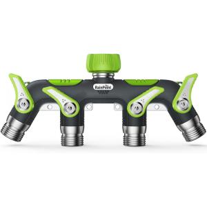 image:imageRAINPOINT 4 Way Garden Hose Splitter 100 Metal Heavy Duty Water Hose Splitter with Individual ShutOff Valves 34 GHT High Flow Outdoor Faucet Splitter 181 Extra Long Handle GreenGreen