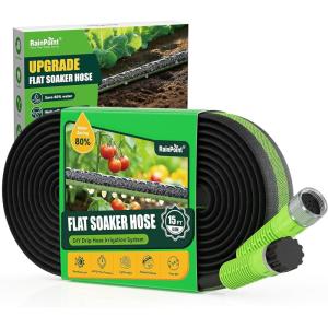 image:imageRAINPOINT Soaker Hose 25FT 80 WaterSaving Flat Drip Hose Leakproof and Flexible with Anodized Aluminum Ends Double Layer Gardening Irrigation Hoses for Gardens Vegetables and Trees GreenGreen