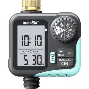 image:imageRAINPOINT Sprinkler Timer for Garden Hose  Hose Timer with Cycle amp SoakRain DelayAutomatic WateringManual Watering Programmable Irrigation System with Large Display Brass Inlet amp OutletMint Green