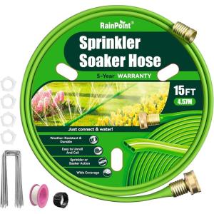 image:imageRAINPOINT Sprinkler Hose with Holes 50FT Flat Soaker Hose with Stakes Lightweight Water Irrigation Sprinklers System for Garden Lawn and YardGreen