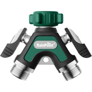 image:imageRAINPOINT Garden Hose Splitter 2 Way All Metal Heavy Duty Water Hose Y Splitter With 205 Extra Long Side Handle amp Shut Off Valves 34 Inch GHT Thread Connector For Spigot Faucet Dark GreenDark Green