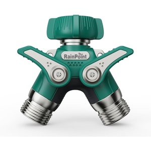 image:imageRAINPOINT 3 Way Hose Splitter 100 Metal Heavy Duty Garden Hose Splitter With 19 Extra Long Handle amp Individual Shut Off 34 Inch GHT Thread Water Hose Connector For Spigot Faucet OrangeOlive Green